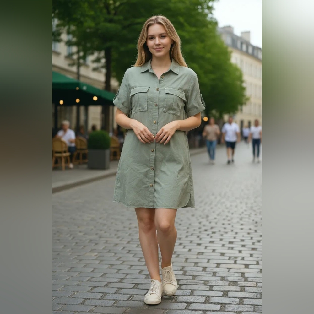 TRULY Light Green Midi Dress with Button Detail